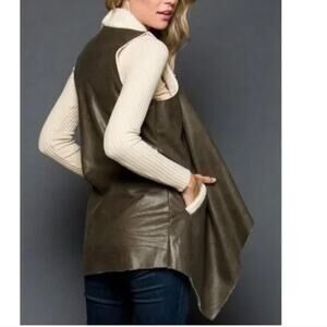 GeeGee Women’s Faux Fur Suede Lapel Vest Sherpa Lined Olive Green Size Small